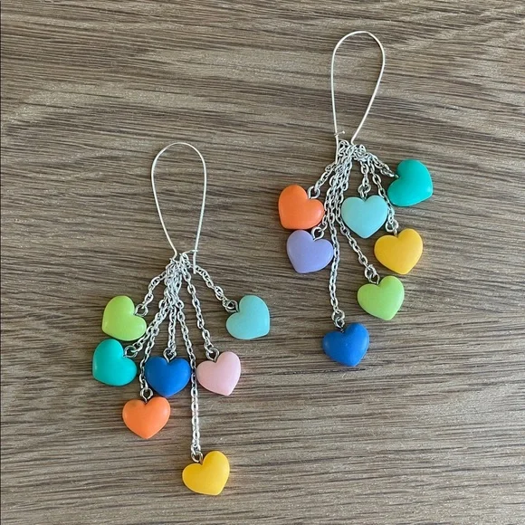 HAND CRAFTED PASTEL HEART DANGLE EARRINGS Multicolor Rainbow Whimsical Tassel - Picture 6 of 12